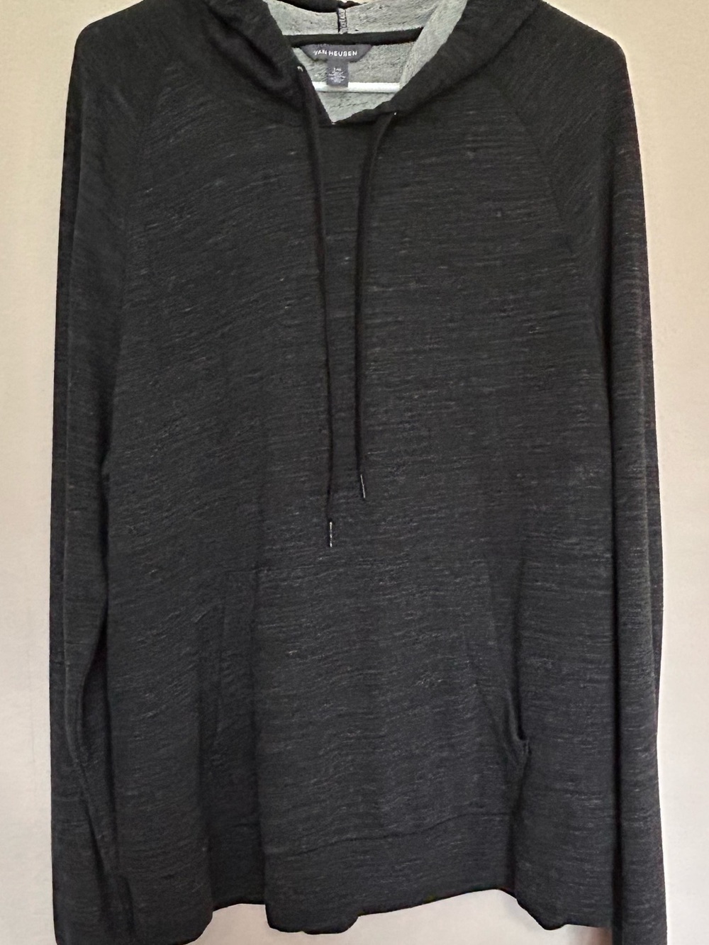 Van Heusen Men's Pullover Hoodie Sweatshirt Black Heather Gray Raglan Size Large